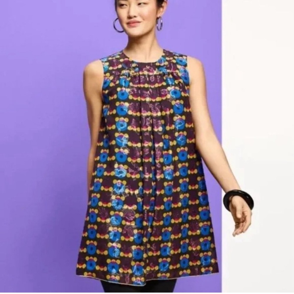 Anna Sui Purple Floral A-Line Sleeveless Dress with Blue & Yellow Accents